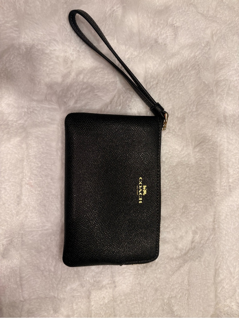 COACH Black Leather Zip Wristlet with Gold Logo Accent